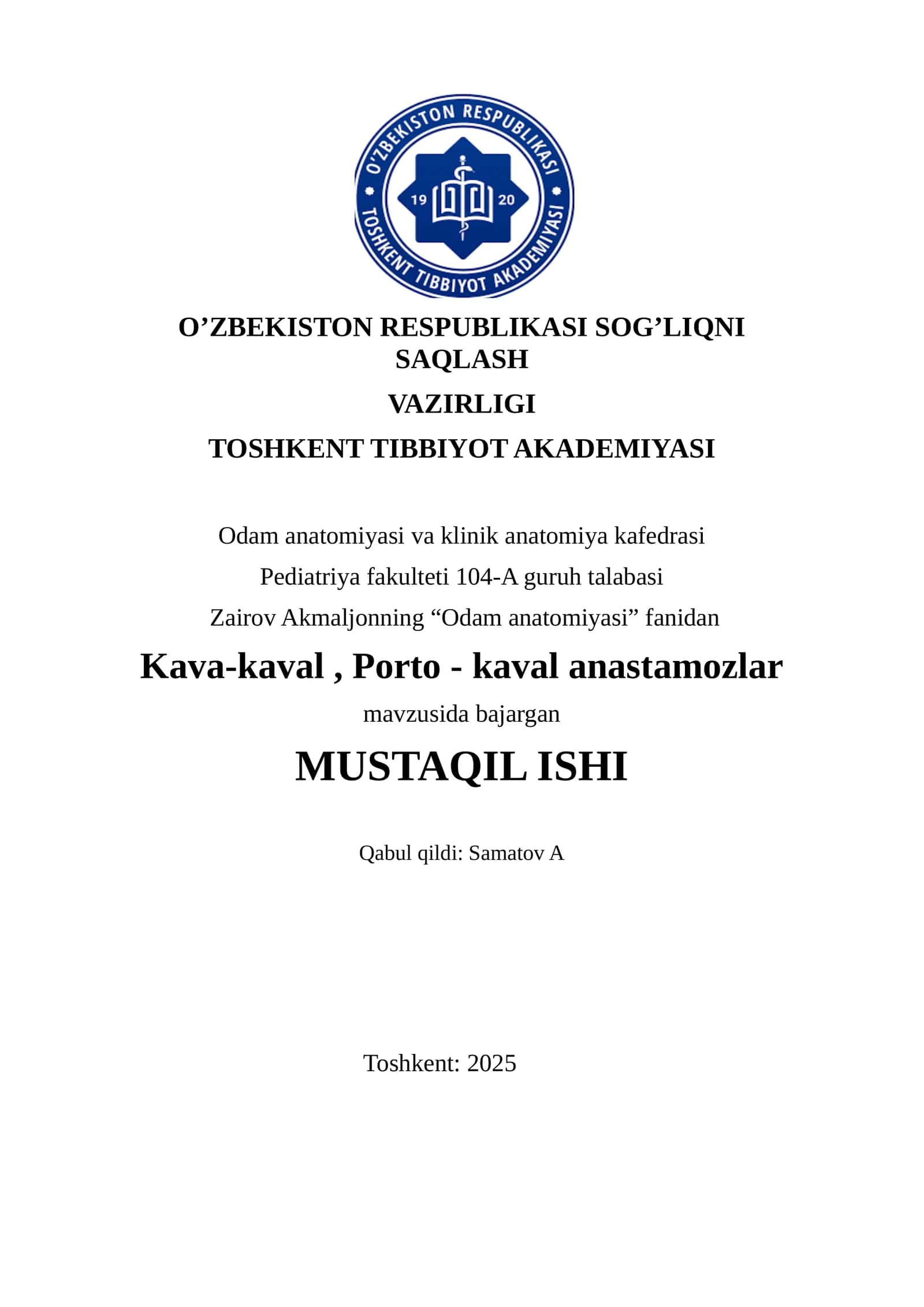 Kava-kaval, Porto - kaval anastamozlar 1
