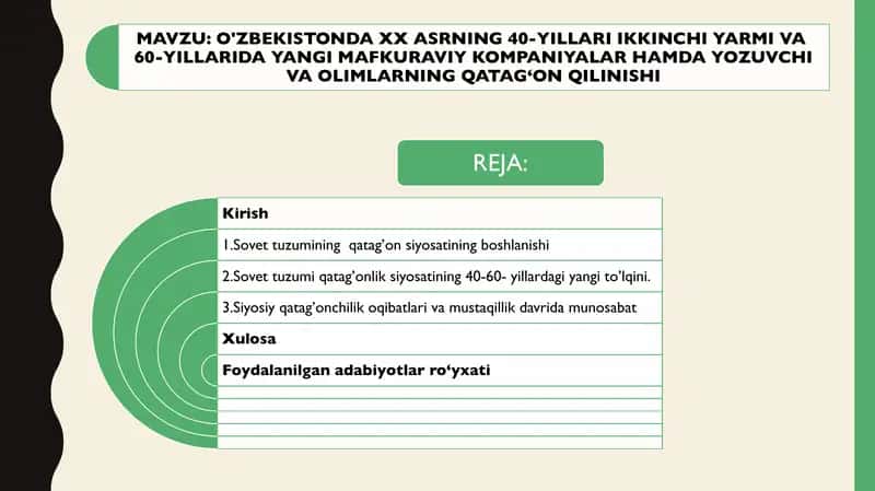 O'ZBEKISTONDA XX ASRNING 40-YILLARI IKKINCHI YARMI VA 60-YILLARIDA YANGI MAFKURAVIY KOMPANIYALAR HAMDA YOZUVCHI VA OLIMLARNING QATAG`ON QILINISHI 1