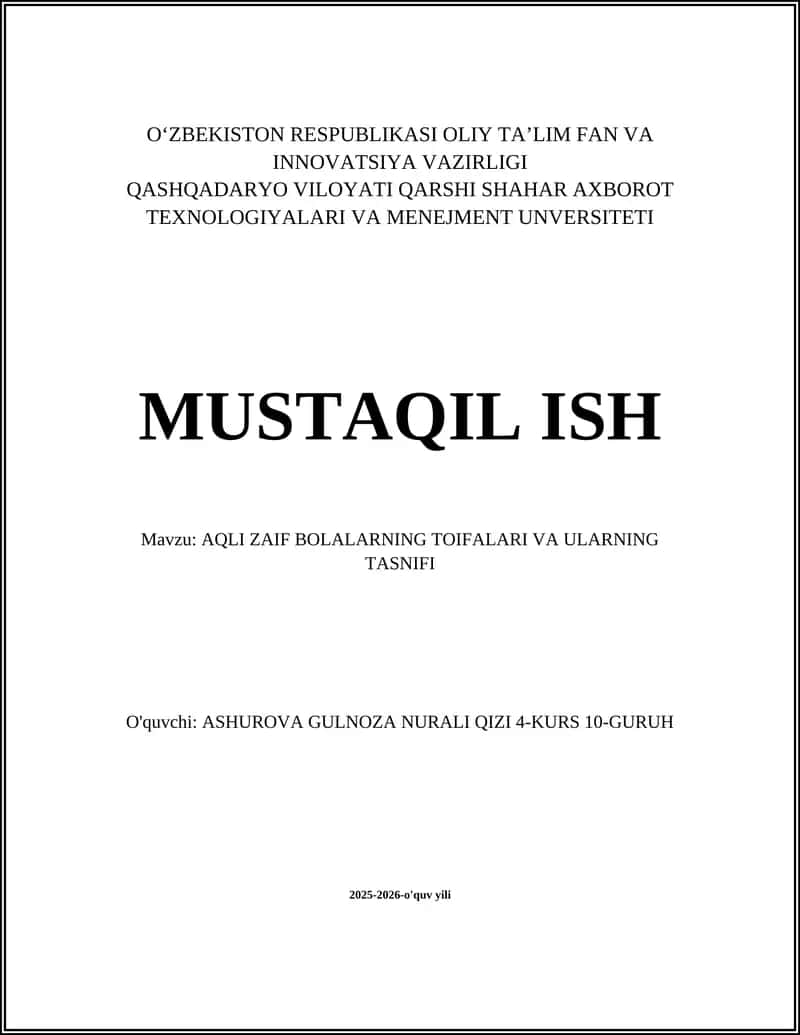 Aqli Zaif Bolalarning Toifalari va Ularning Tasnifi 1