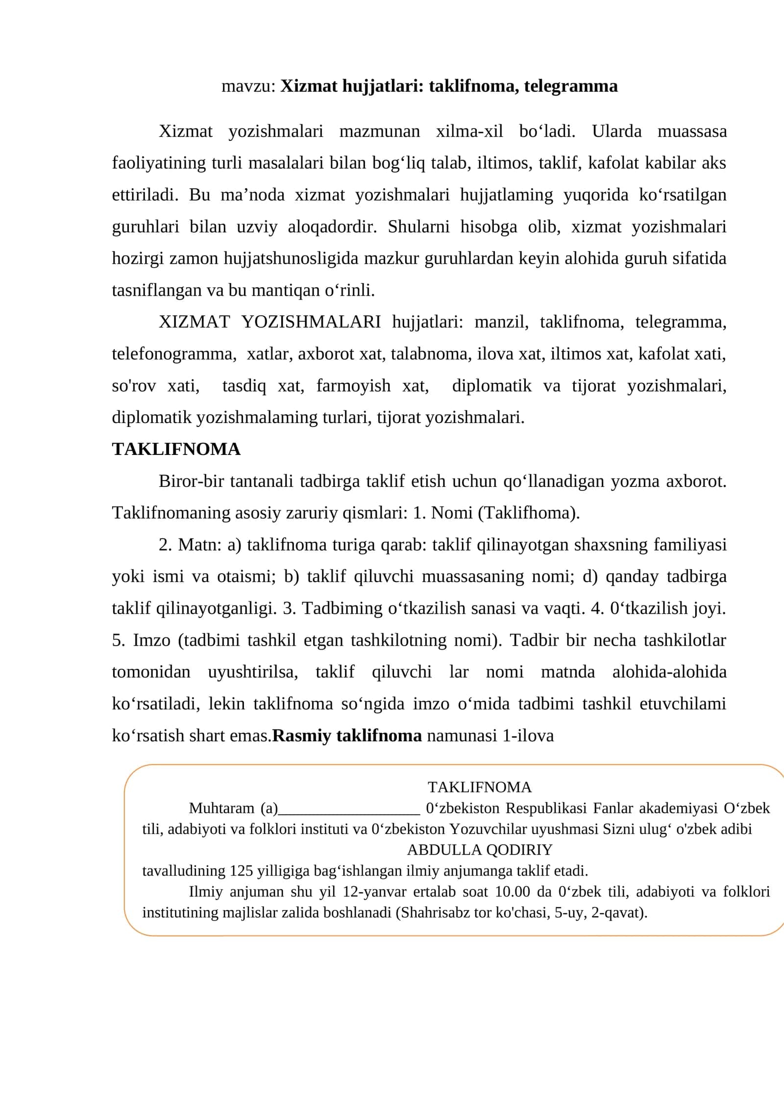 Xizmat hujjatlari: taklifnoma, telegramma 1