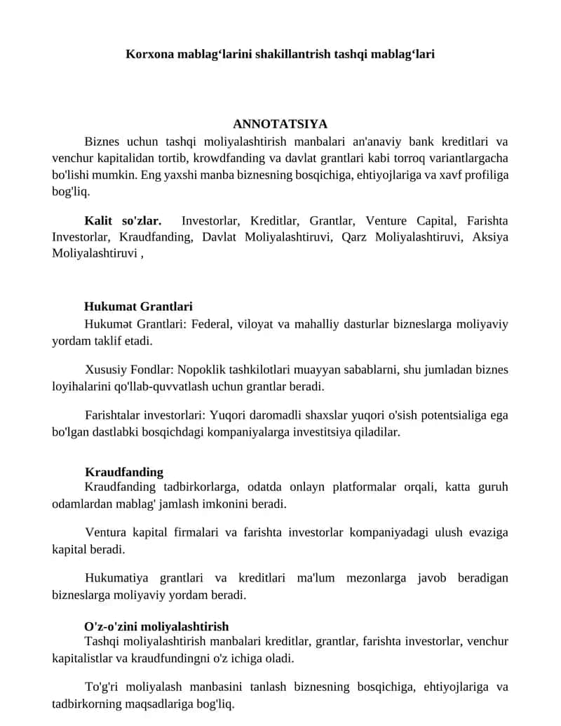 Tashqi moliyalashtirish manbalari 1