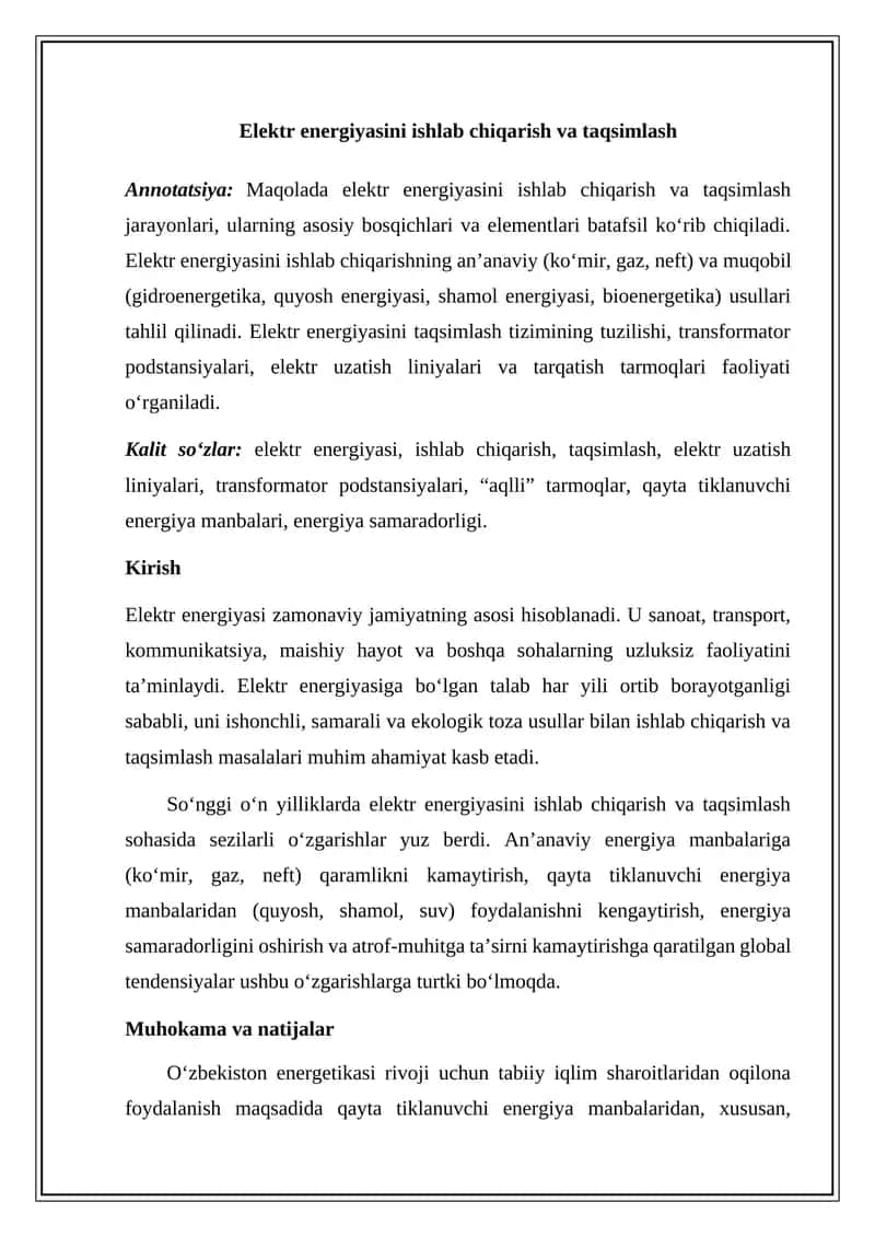 Elektr energiyasini ishlab chiqarish va taqsimlash 1