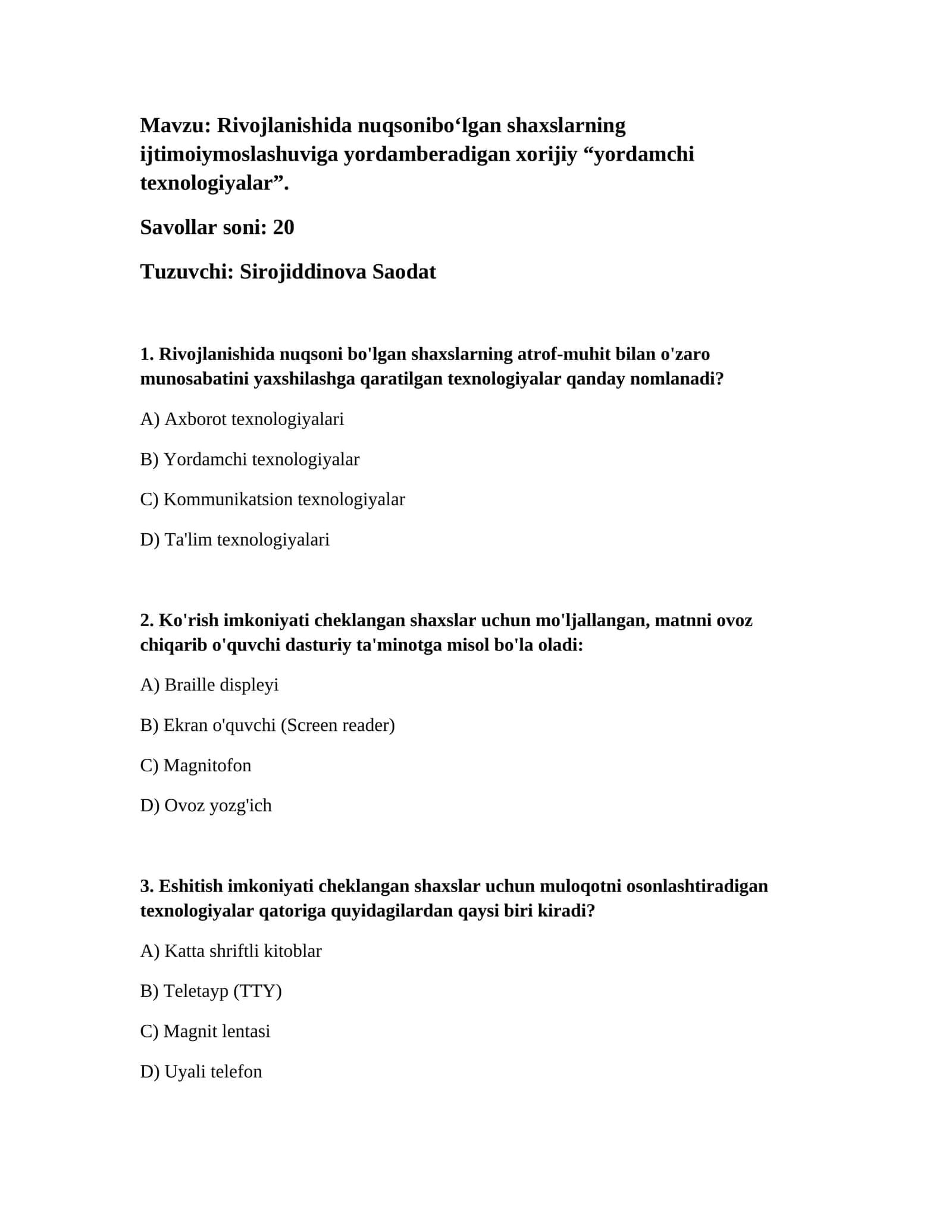 Rivojlanishida nuqsonibо‘lgan shaxslarning ijtimoiymoslashuviga yordamberadigan xorijiy “yordamchi texnologiyalar” 1