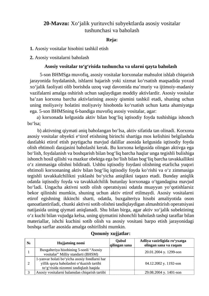 Asosiy vositalar tushunchasi va baholash 1