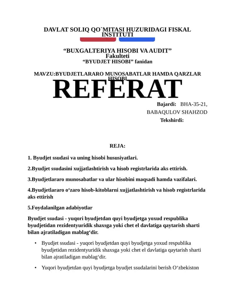 BYUDJETLARARO MUNOSABATLAR HAMDA QARZLAR HISOBI 1
