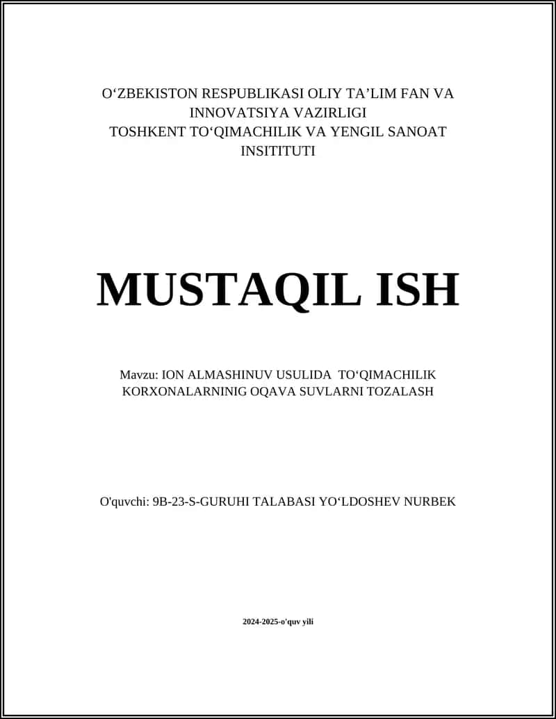 ION ALMASHINUV USULIDA TOʻQIMACHILIK KORXONALARNINIG OQAVA SUVLARNI TOZALASH 1