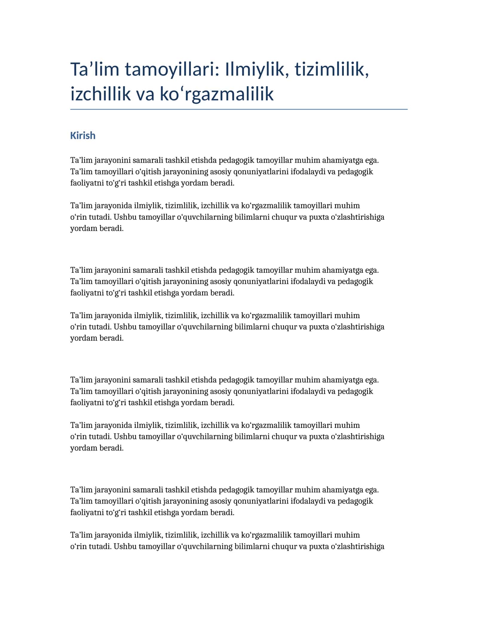Ta’lim tamoyillari: Ilmiylik, tizimlilik, izchillik va ko‘rgazmalilik 1