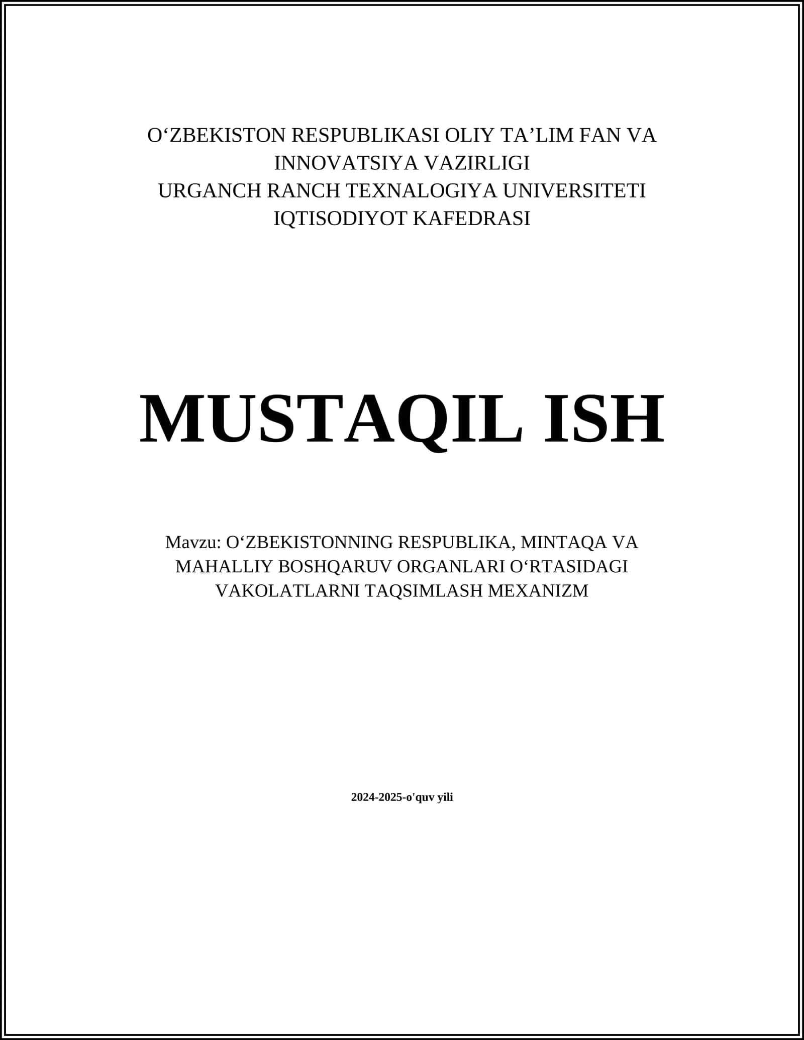 O‘ZBEKISTONNING RESPUBLIKA, MINTAQA VA MAHALLIY BOSHQARUV ORGANLARI O‘RTASIDAGI VAKOLATLARNI TAQSIMLASH MEXANIZM 1