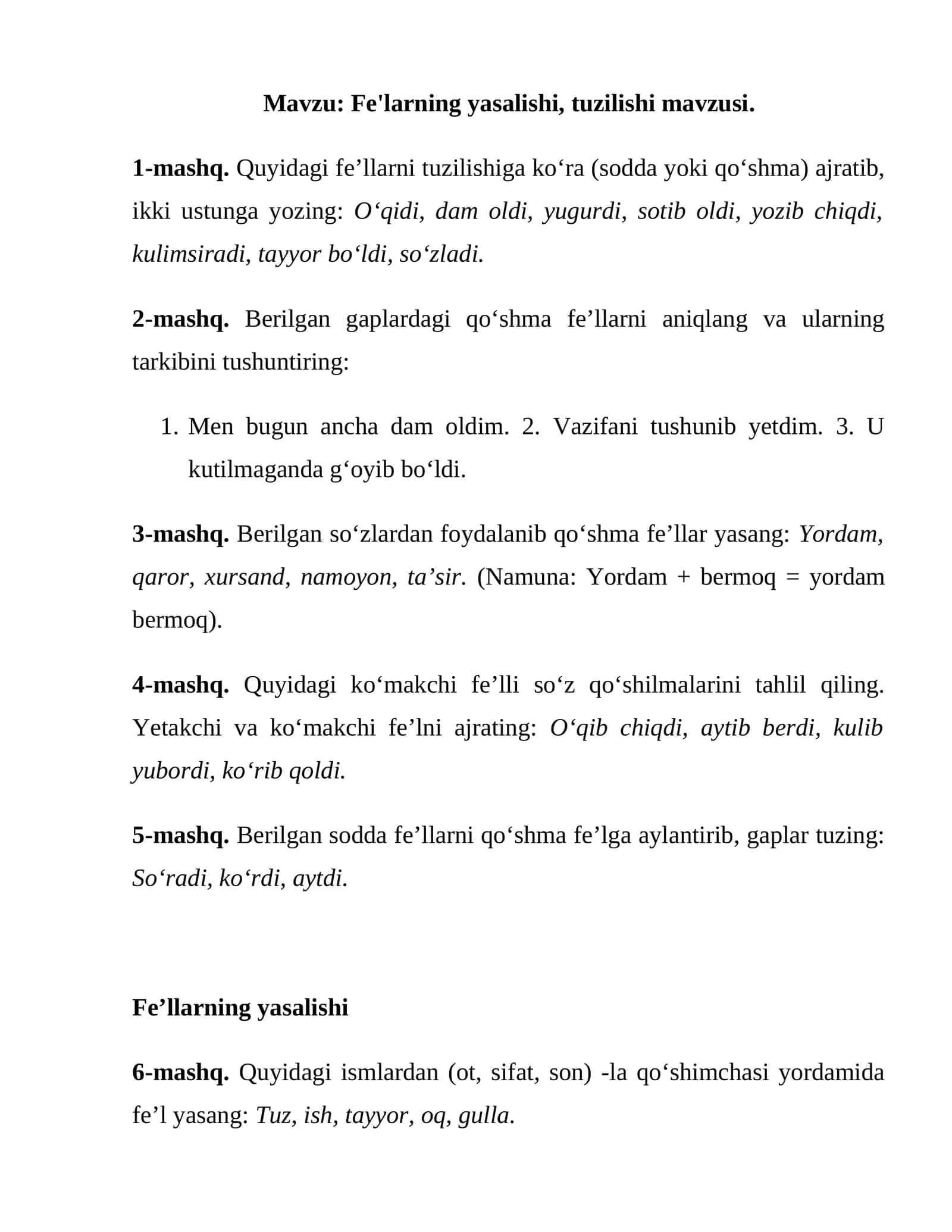 Fe’llarning yasalishi, tuzilishi mavzusi 1