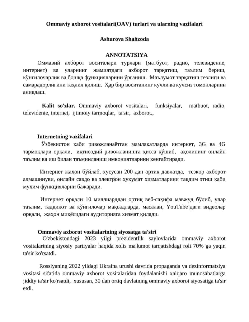Ommaviy axborot vositalari(OAV) turlari va ularning vazifalari 1