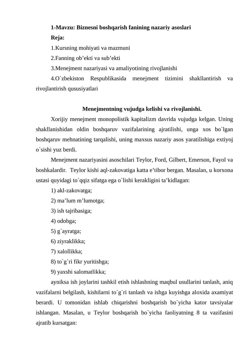 Biznesni boshqarish fanining nazariy asoslari 1