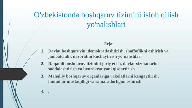 O'zbekistonda boshqaruv tizimini isloh qilish yo'nalishlari 1