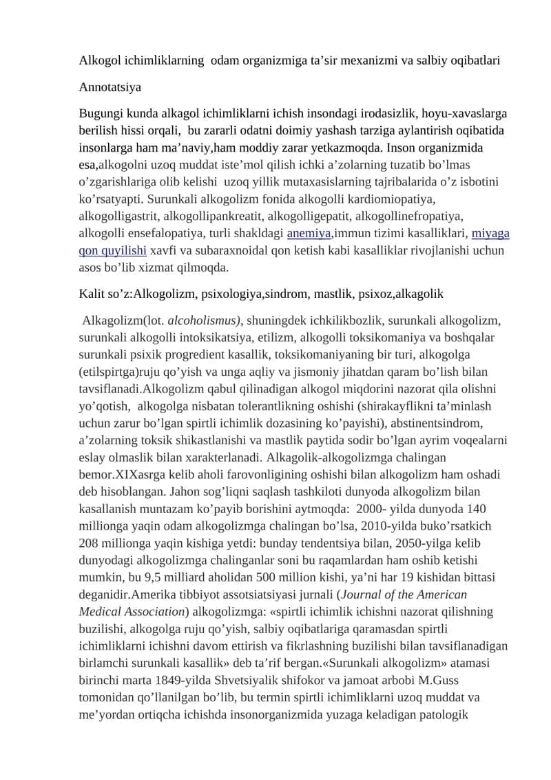 Alkogol ichimliklarning odam organizmiga ta’sir mexanizmi va salbiy oqibatlari 1