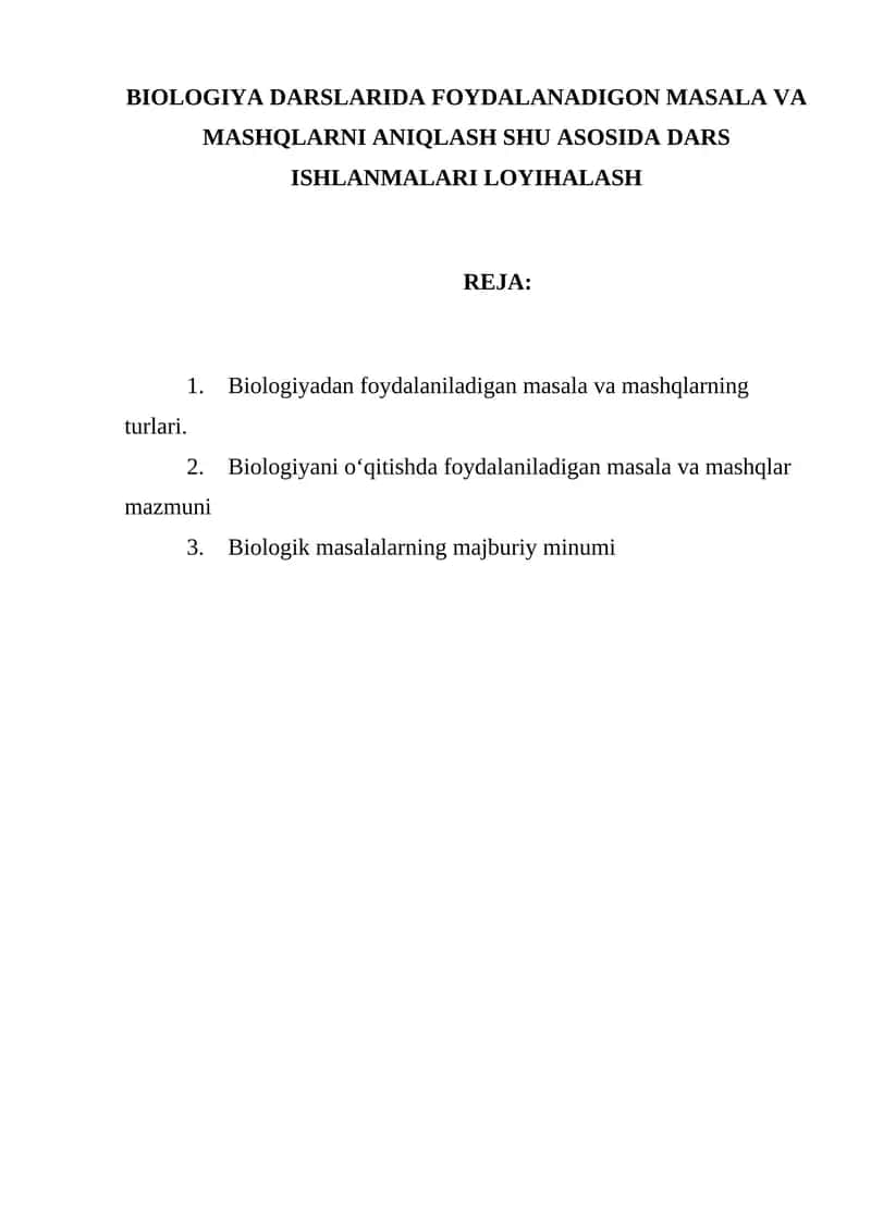 Biologiyadan foydalaniladigan masala va mashqlar 1