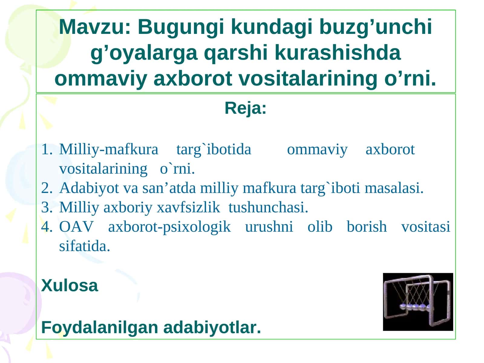 Bugungi kundagi buzg’unchi g’oyalarga qarshi kurashishda ommaviy axborot vositalarining o’rni 1