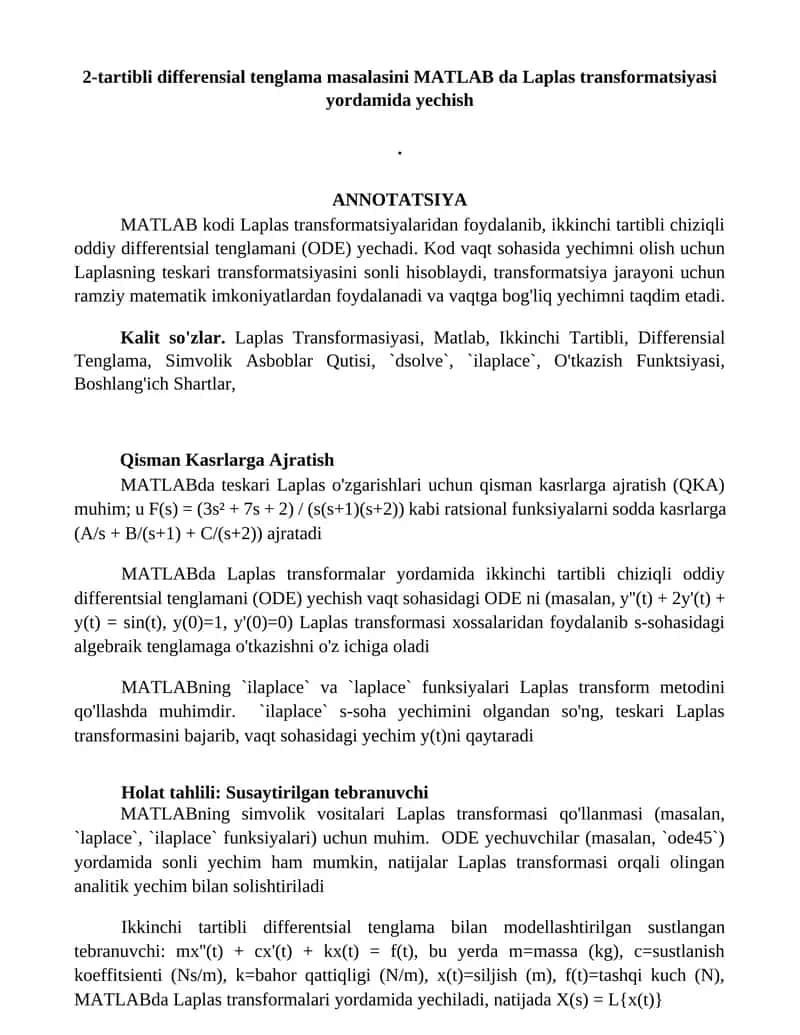 Laplas Transformasiyasi bilan MATLAB da 2-tartibli Differensial Tenglama Yechish 1