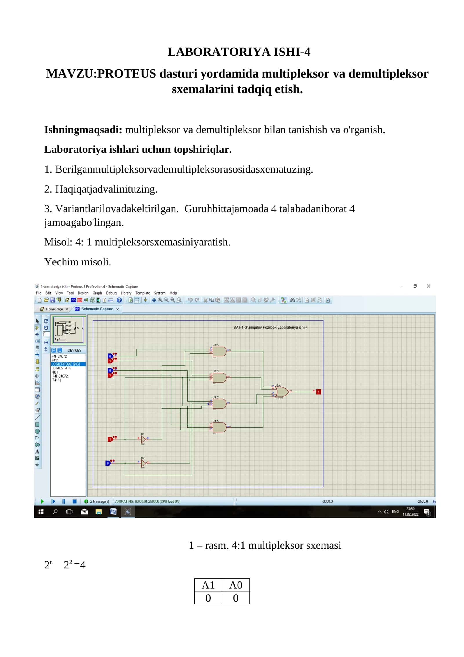 PROTEUS dasturi yordamida multipleksor va demultipleksor sxemalarini tadqiq etish 1