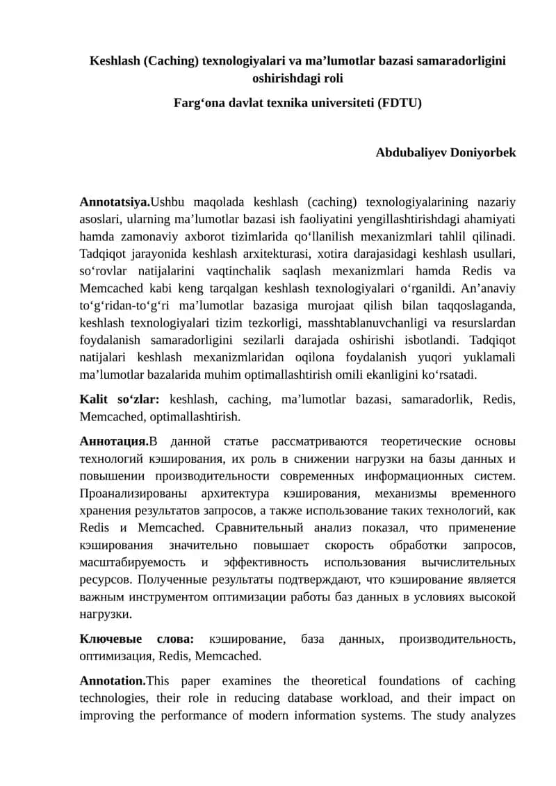 Keshlash (Caching) texnologiyalari va ma’lumotlar bazasi samaradorligini oshirishdagi roli 1