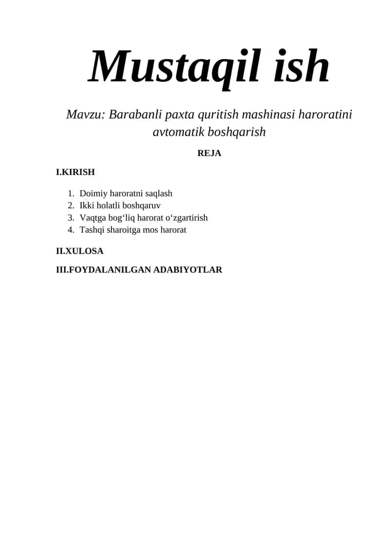 Barabanli paxta quritish mashinasi haroratini avtomatik boshqarish 1