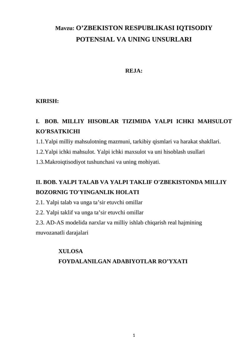 O'ZBEKISTON RESPUBLIKASI IQTISODIY POTENSIAL VA UNING UNSURLARI 1