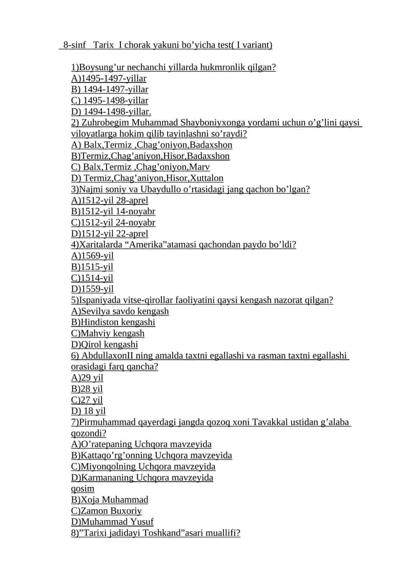 8-sinf Tarix I chorak yakuni bo’yicha test( I variant) 1