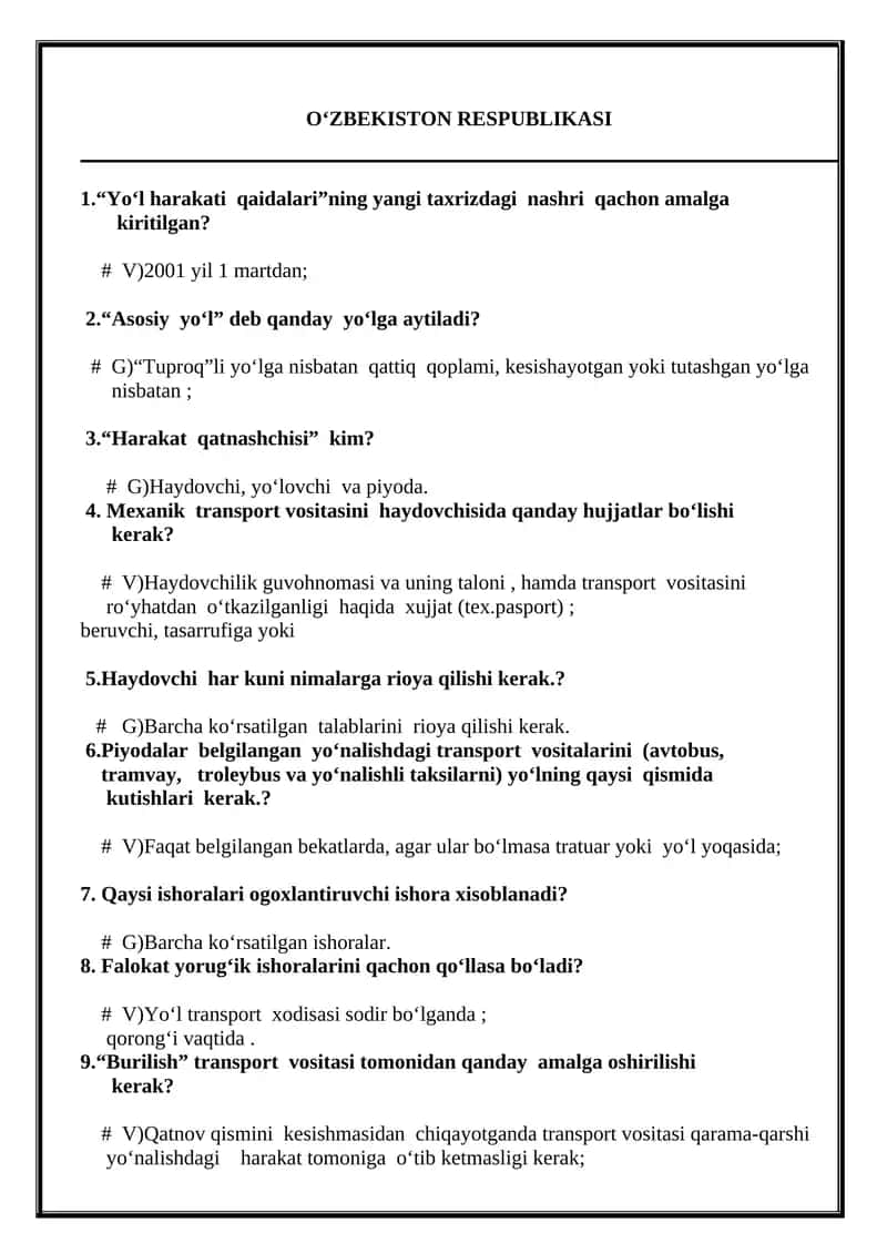 Yo‘l Harakati Qaidalari 1