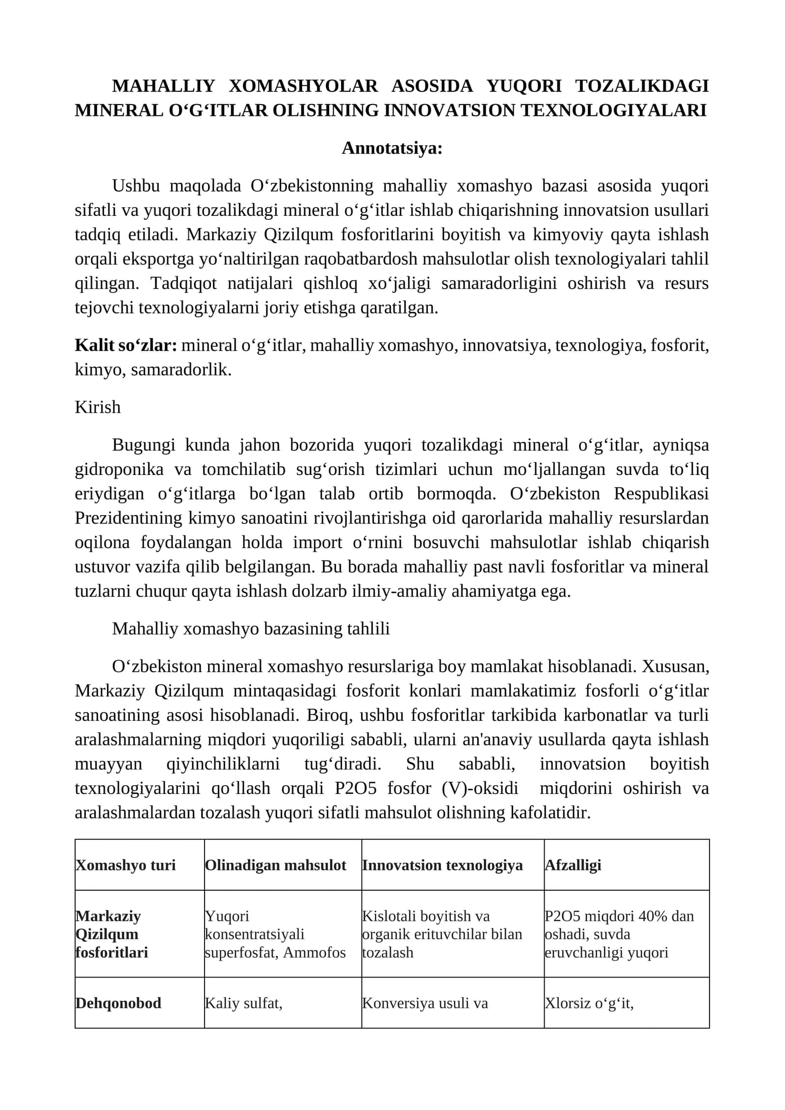 MAhallIY XOMASHYOLAR ASOSIDA YUQORI TOZALIKDAGI MINERAL O‘G‘ITLAR OLISHNING INNOVATSION TEXNOLOGIYALARI 1