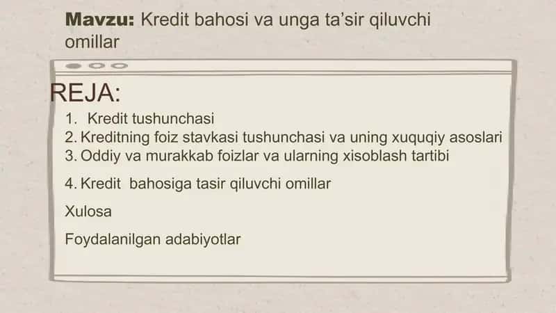 Kredit bahosi va unga taʼsir qiluvchi omillar 1