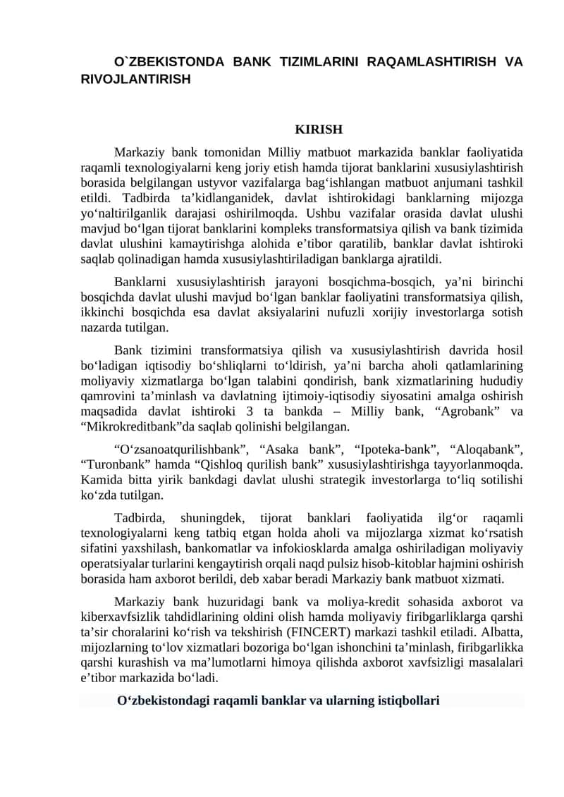 O`ZBEKISTONDA BANK TIZIMLARINI RAQAMLASHTIRISH VA RIVOJLANTIRISH 1