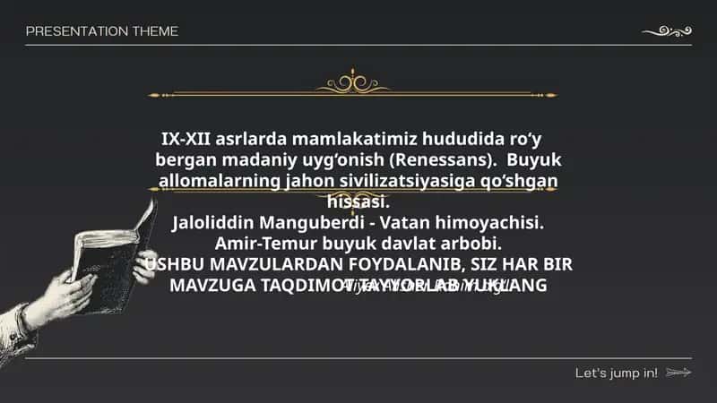 IX-XII asrlarda mamlakatimiz hududida ro‘y  bergan madaniy uyg‘onish (Renessans). Buyuk allomalarning jahon sivilizatsiyasiga qo‘shgan hissasi 1