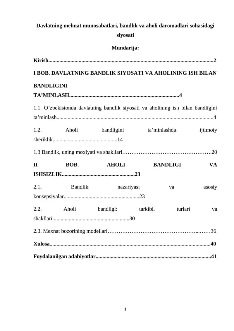 Davlatning mehnat munosabatlari, bandlik va aholi daromadlari sohasidagi siyosati 1