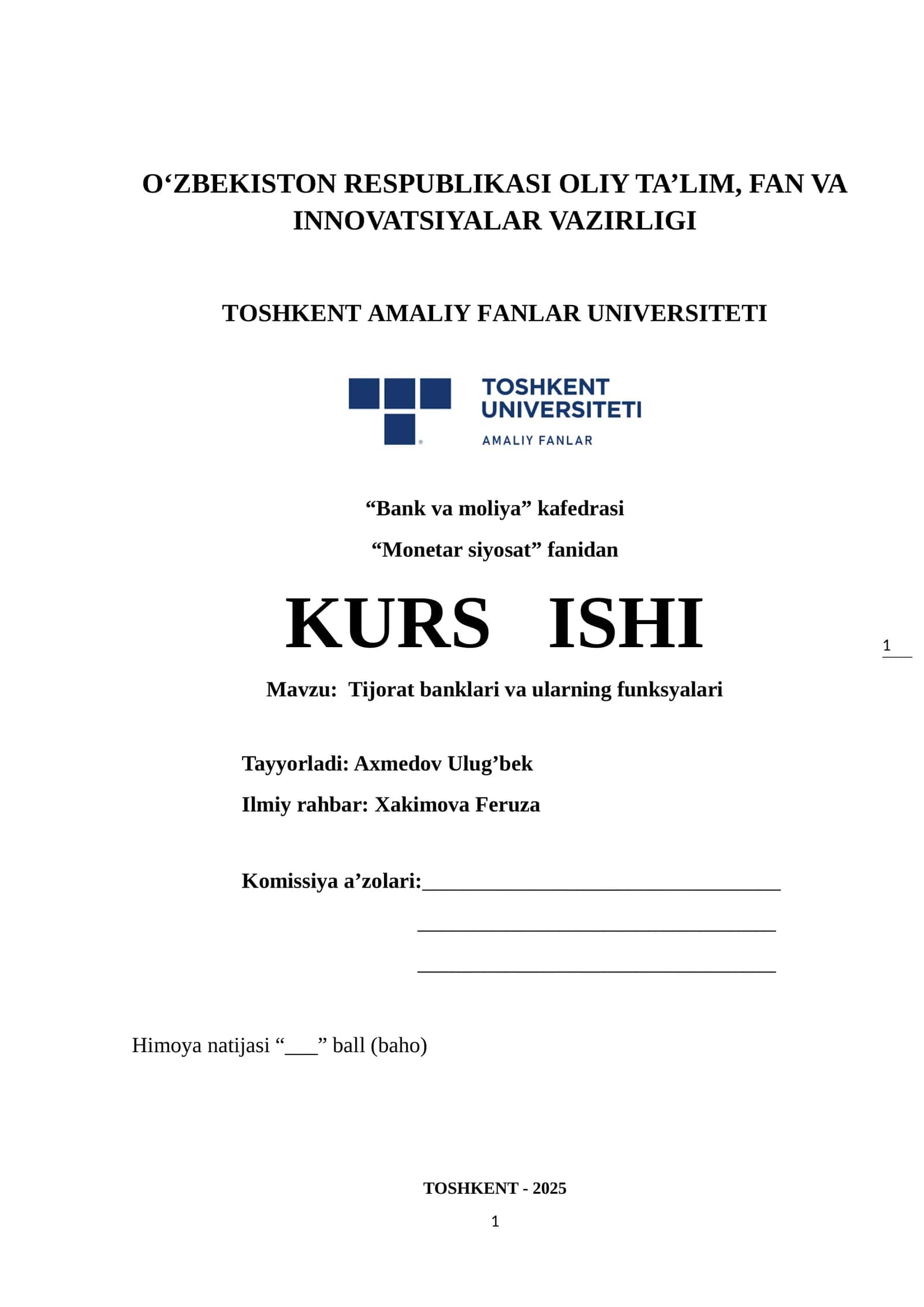 KURS ISHI: Tijorat banklari va ularning funksyalari 1