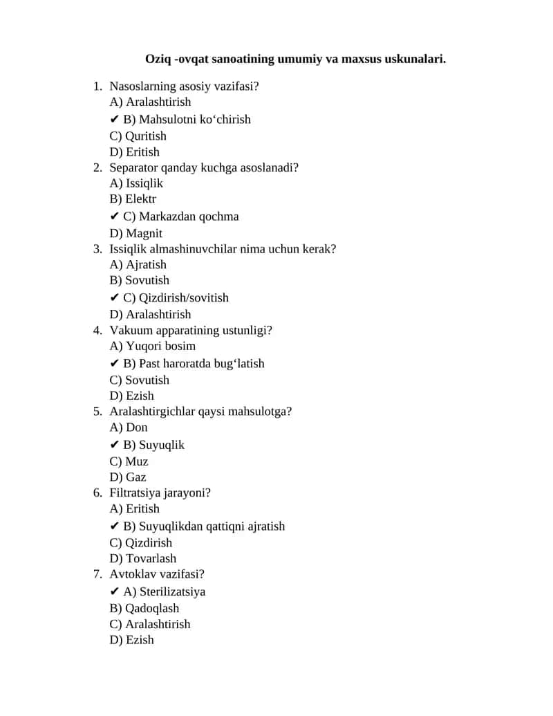 Oziq -ovqat sanoatining umumiy va maxsus uskunalari 1