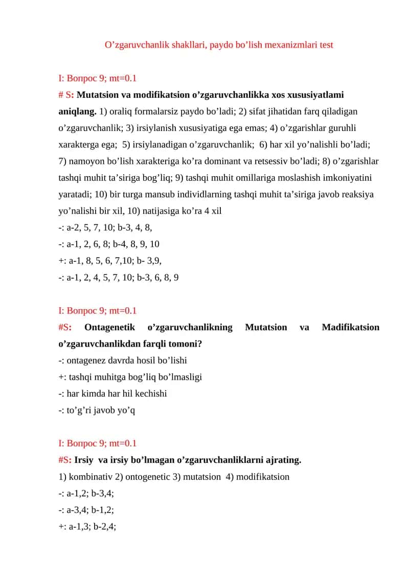 O’zgaruvchanlik shakllari, paydo bo’lish mexanizmlari test 1