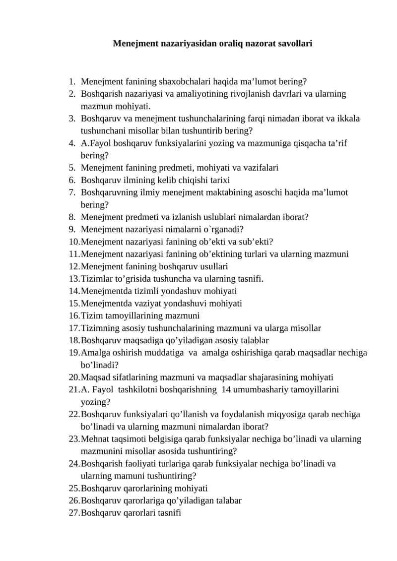 Menejment nazariyasidan oraliq nazorat savollari 1