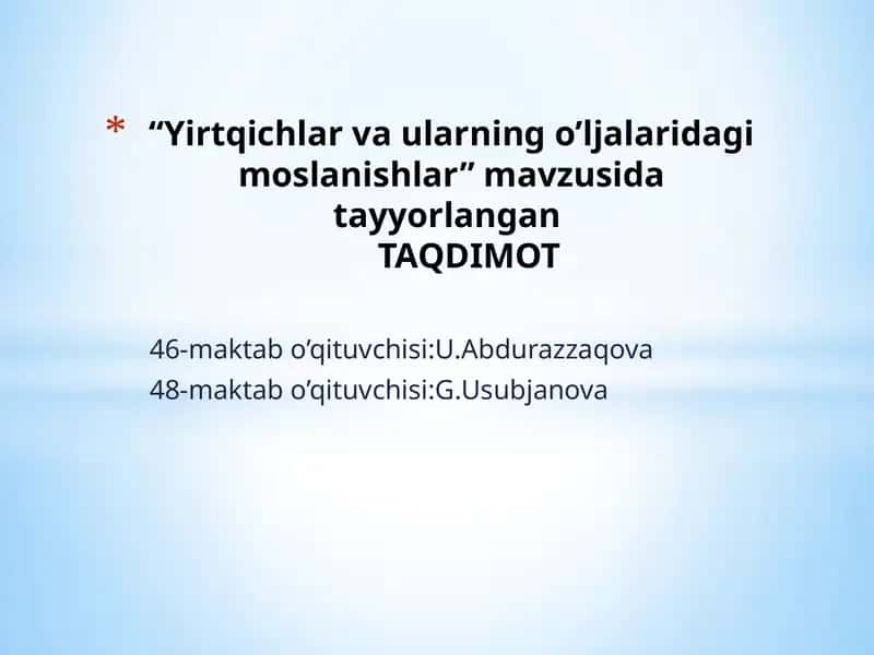Yirtqichlar va ularning o'ljalaridagi moslanishlar 1