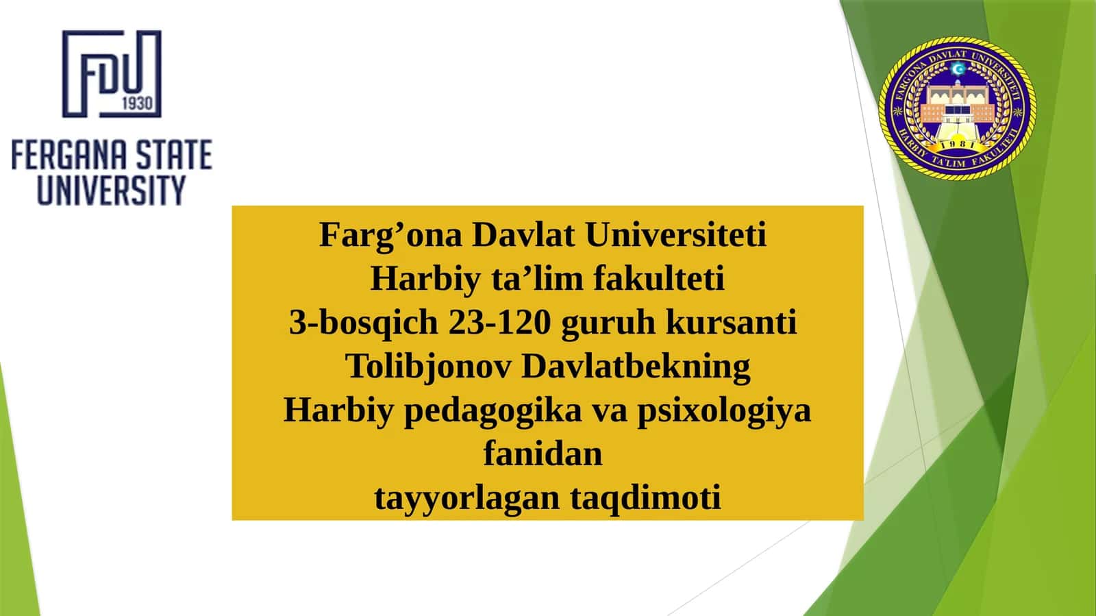 Harbiy pedagogika va psixologiya fanidan tayyorlagan taqdimoti 1