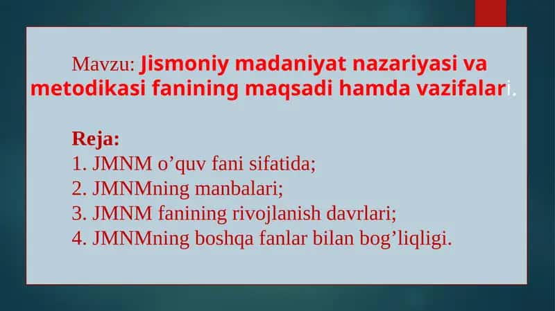 Jismoniy madaniyat nazariyasi va metodikasi fanining maqsadi hamda vazifalari 1