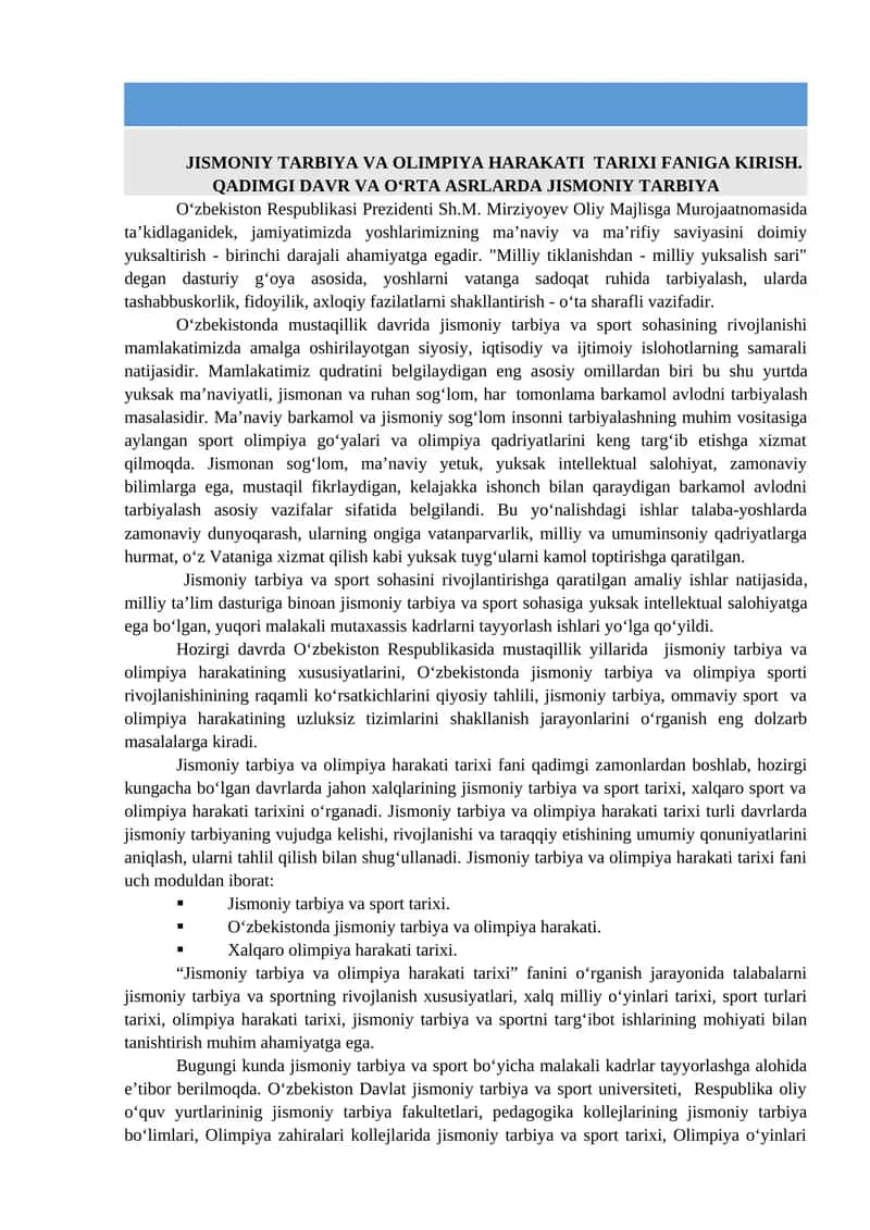 JISMONIY TARBIYA VA OLIMPIYA HARAKATI TARIXI FANIGA 1