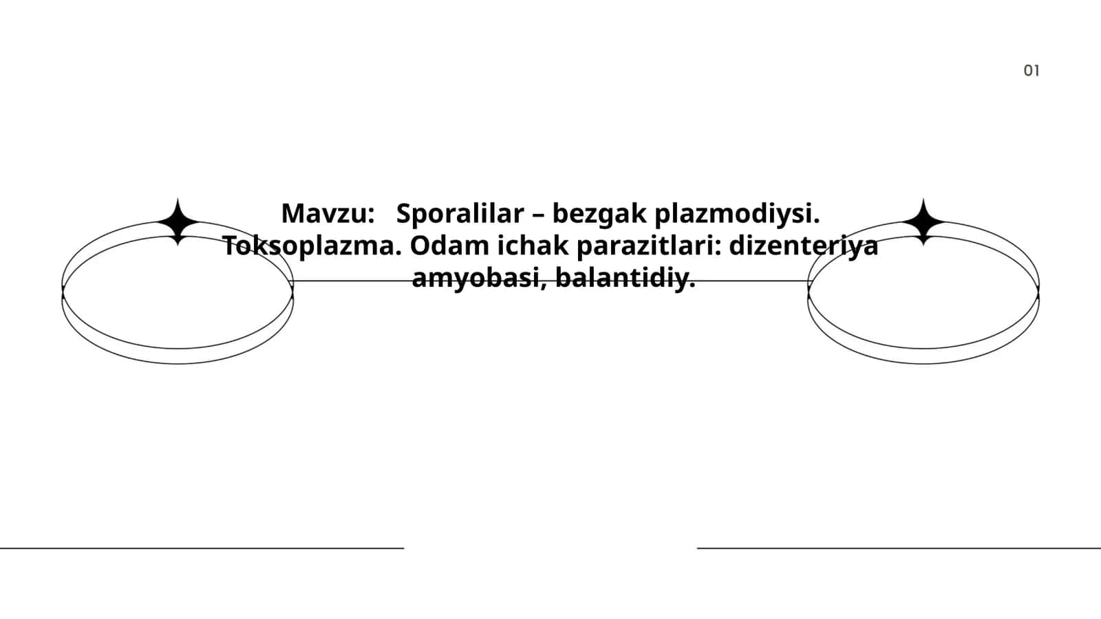 Sporalilar – bezgak plazmodiysi. Toksoplazma. Odam ichak parazitlari: dizenteriya amyobasi, balantidiy 1