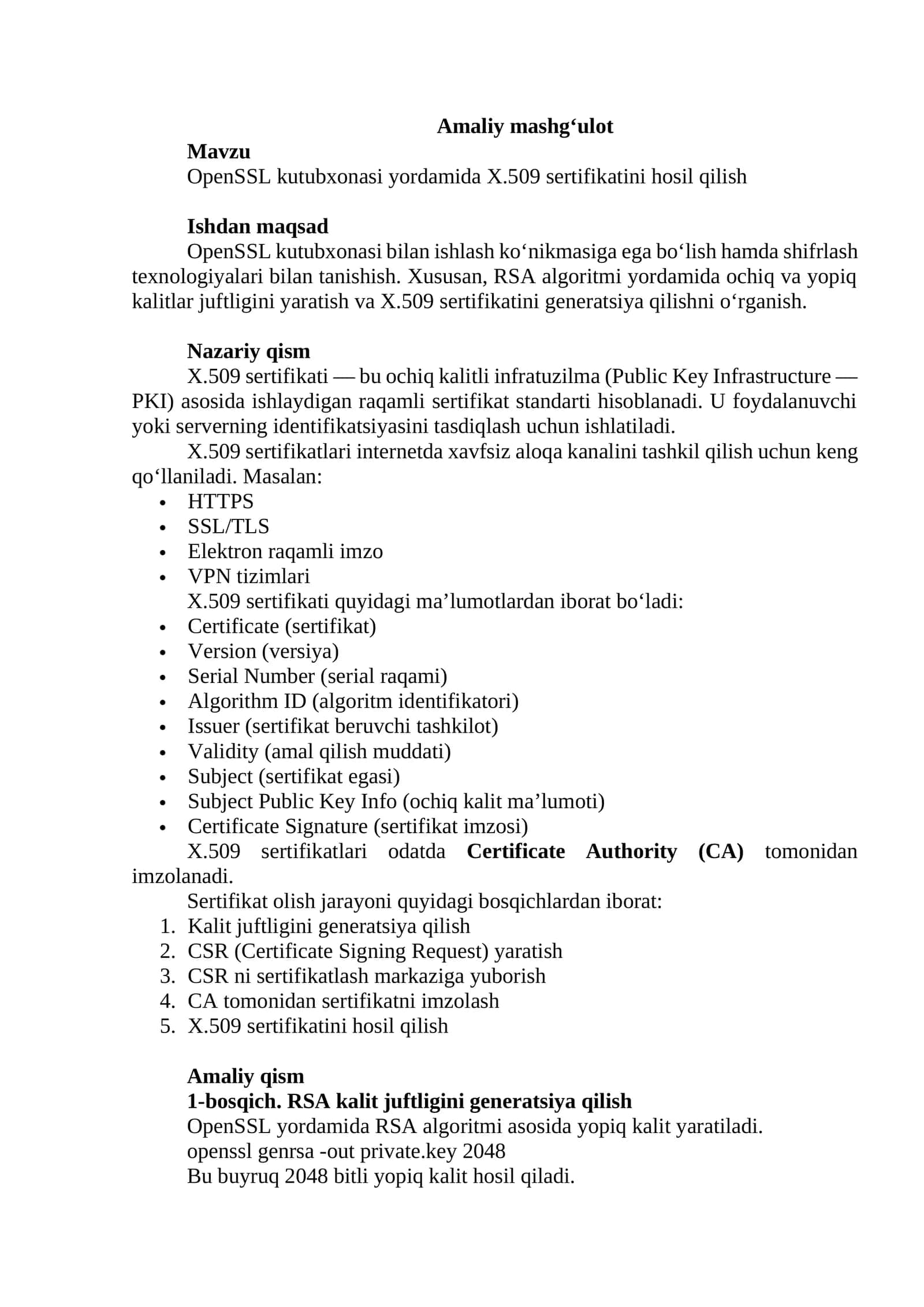 OpenSSL kutubxonasi yordamida X.509 sertifikatini hosil qilish 1