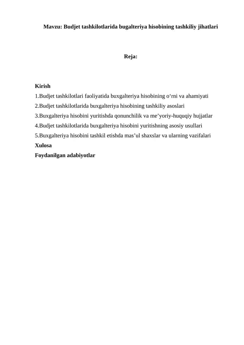 Budjet tashkilotlarida bugalteriya hisobining tashkiliy jihatlari 1