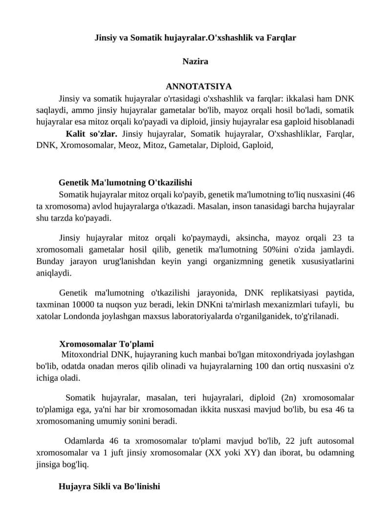 Jinsiy va Somatik hujayralar.O'xshashlik va Farqlar 1