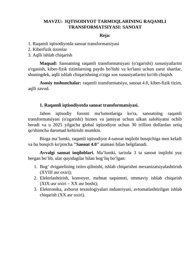IQTISODIYOT TARMOQLARINING RAQAMLI TRANSFORMATSIYASI: SANOAT 1