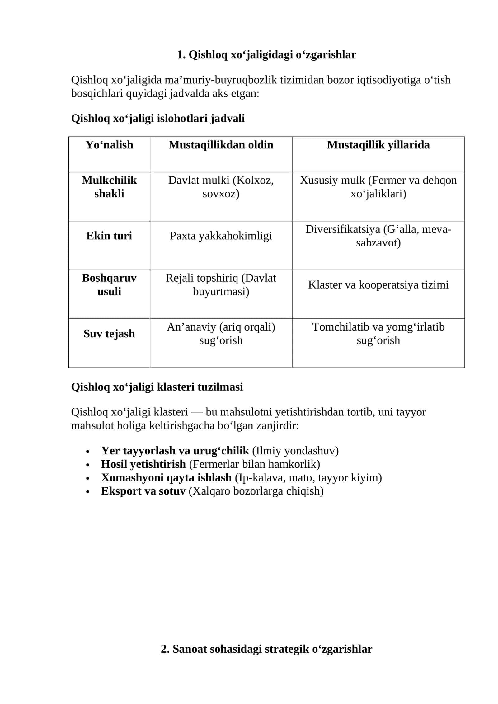 Jadvallar, klasterlar Qishloq xo‘jaligidagi o‘zgarishlar 1