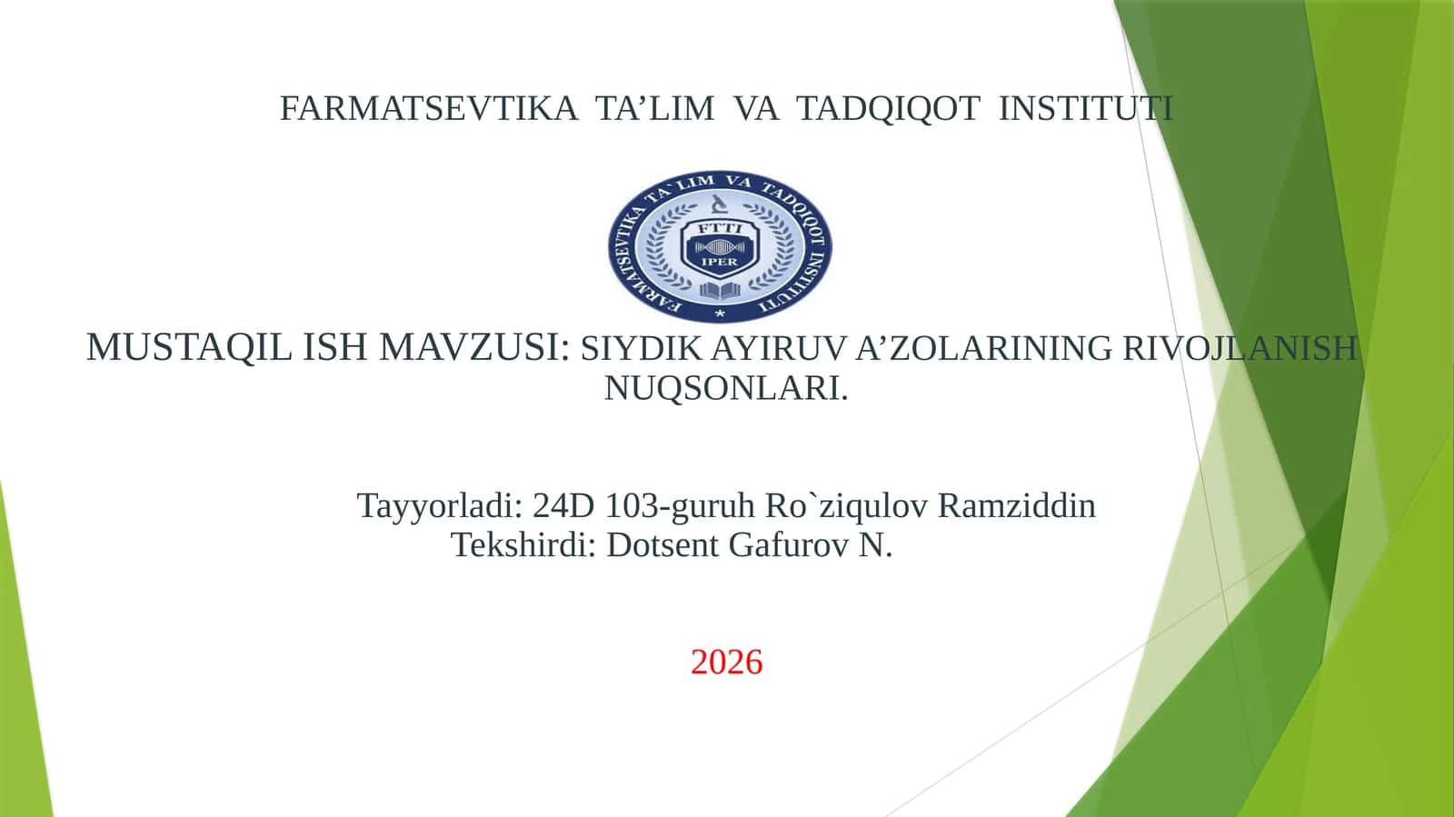 SIYDIK AYIRUV A’ZOLARINING RIVOJLANISH NUQSONLARI 1