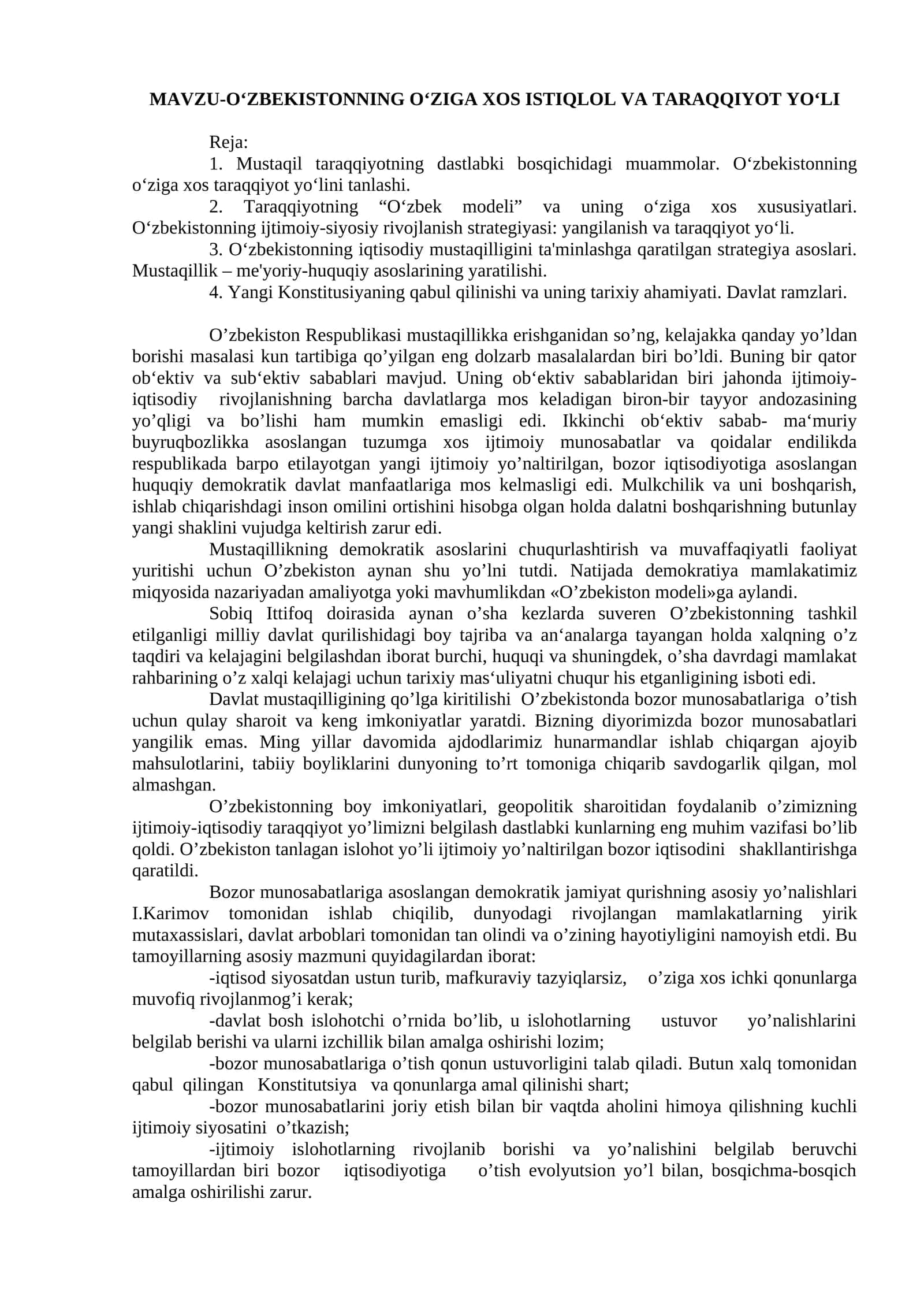 O‘zbekistoning O‘ziga Xos Istiqlol va Taraqqiyot Yo‘li 1
