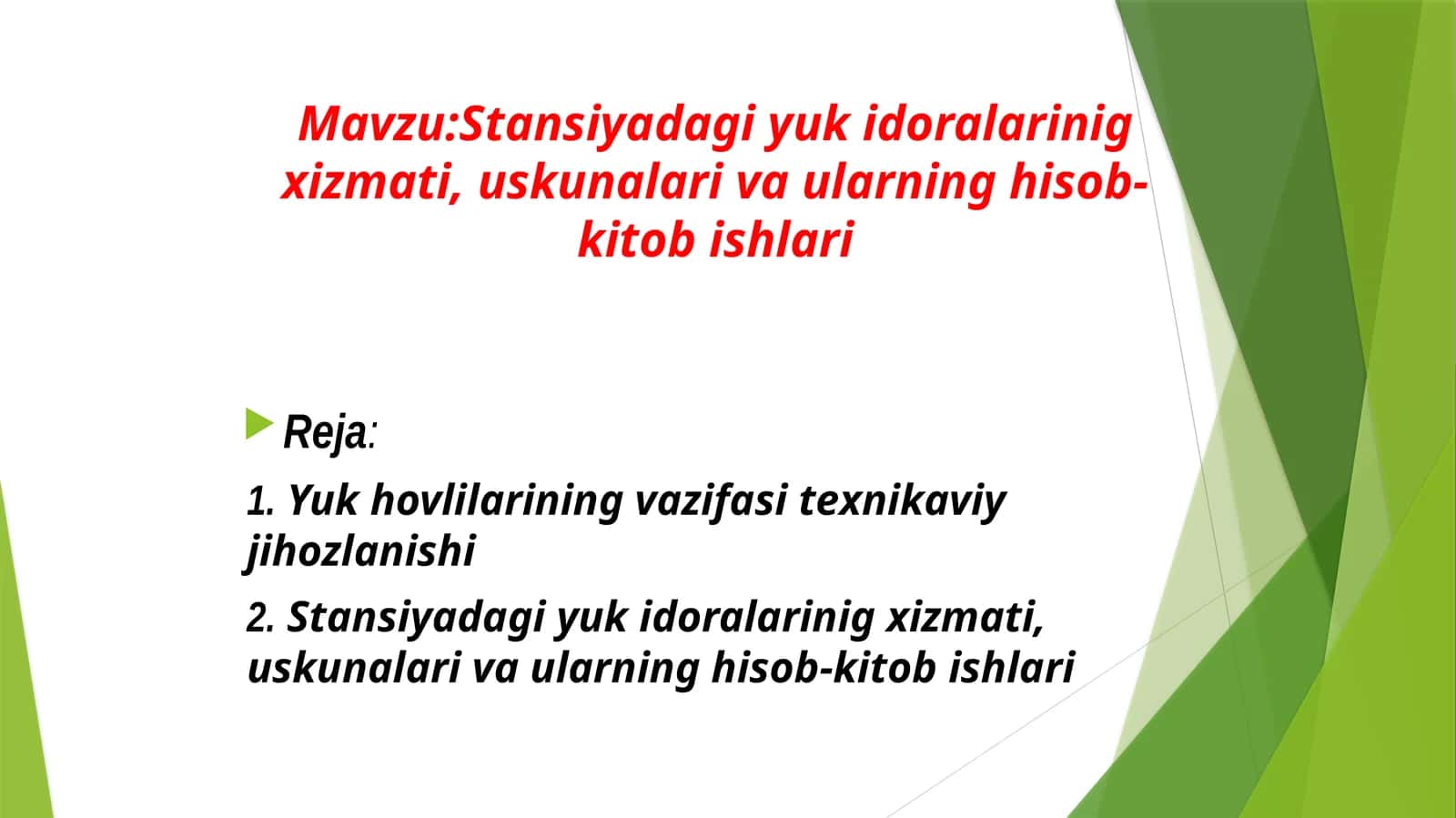 Stansiyadagi yuk idoralarinig xizmati, uskunalari va ularning hisob-kitob ishlari 1