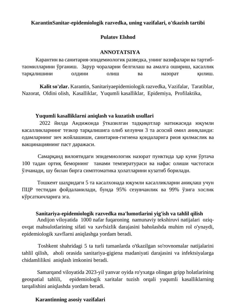 KarantinSanitar-epidemiologik razvedka, uning vazifalari, o'tkazish tartibi 1