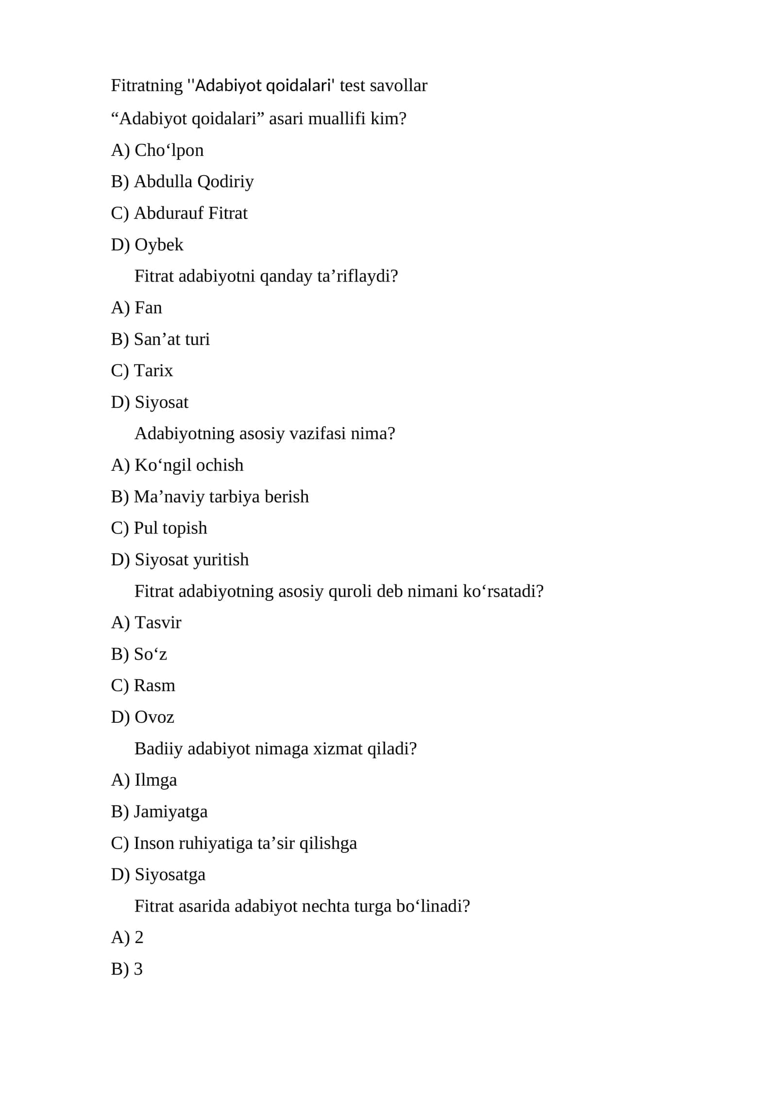 Fitratning ''Adabiyot qoidalari' test savollar 1